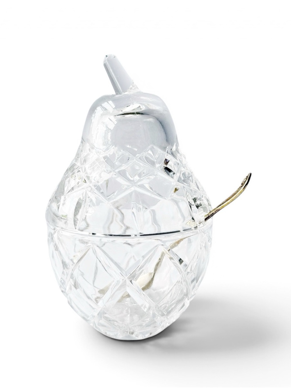 Vintage Clear Cut Crystal Pear Shaped Jam Jelly Condiment Covered Jar with Lid